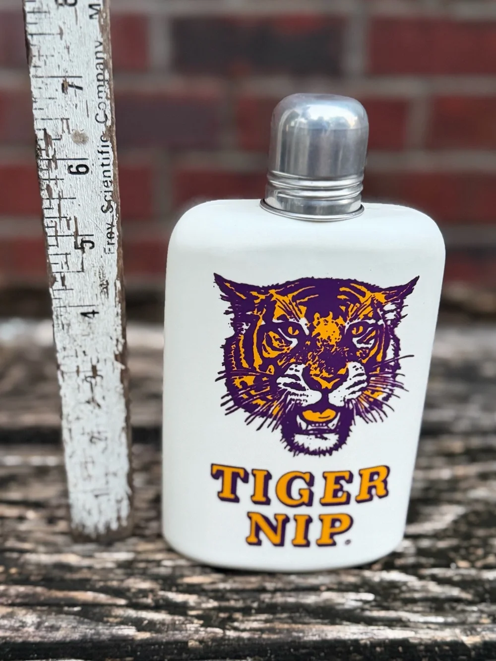 Vintage LSU Tigers “Tiger Nip” White Plastic Flask Purple Gold Tiger Graphic P6